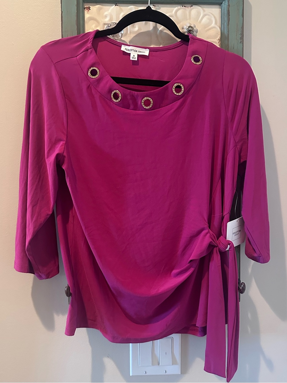 PerSeption Concept One-Shoulder Grommet Tie Top in Fuchsia